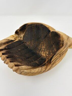 Hand Carved & Burned Wood Pair of Cupped Hands Offering Bowl Trinket Dish Decor